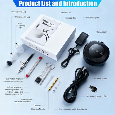 Kit aérographe avec compresseur, 48 psi, rechargeable, sans fil, avec buses de 0,2/0,3/0,5 mm, pour nail art, maquillage, décoration de gâteau, modélisation, noir