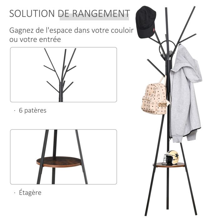 Porte-manteau Trépied TONIO - Design Industriel Avec étagères Rondes Et 6 Crochets - Idéal Pour L'entrée