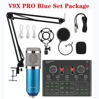 V9X PRO Set Bleu - mélangeur Audio, Microphone à condensateur BM800, carte son en direct, BT, USB, enregistre