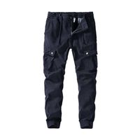 Pantalon Cargo Multi-poches Homme Pur Coton Coupe Droite Pantalon Militaire Couleur Unie Tissu Confortable - Bleu foncé
