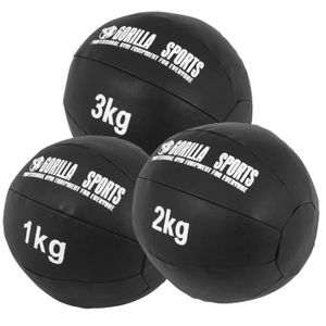 MEDECINE BALL Lot de 3 Médecine Balls en cuir Synthétique - Gorilla Sports - 1, 2 et 3 KG - Fitness - Adulte - Noir