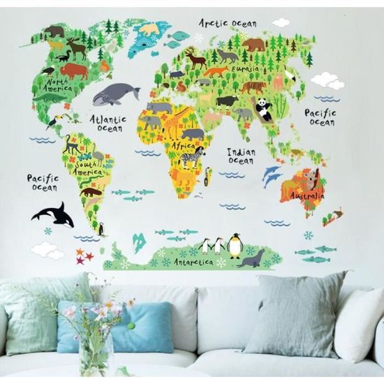 Carte du monde Animaux Extra Grand Autocollants Muraux Mural Stickers