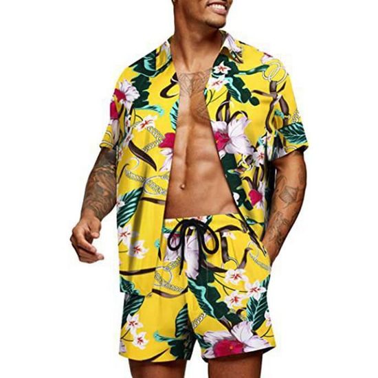 Ensemble Hawaien Homme de 2 Pieces Chemise Imprimees a Manches Courtes Shorts Assorti Taille Elastique Jaune Cdiscount Pret a Porter
