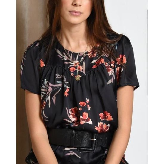 Blouse Femme Molly Bracken TU Noire à Fleurs - Bretelles Perles Blanches, Manches Bouffantes - Occasion Très Bon état