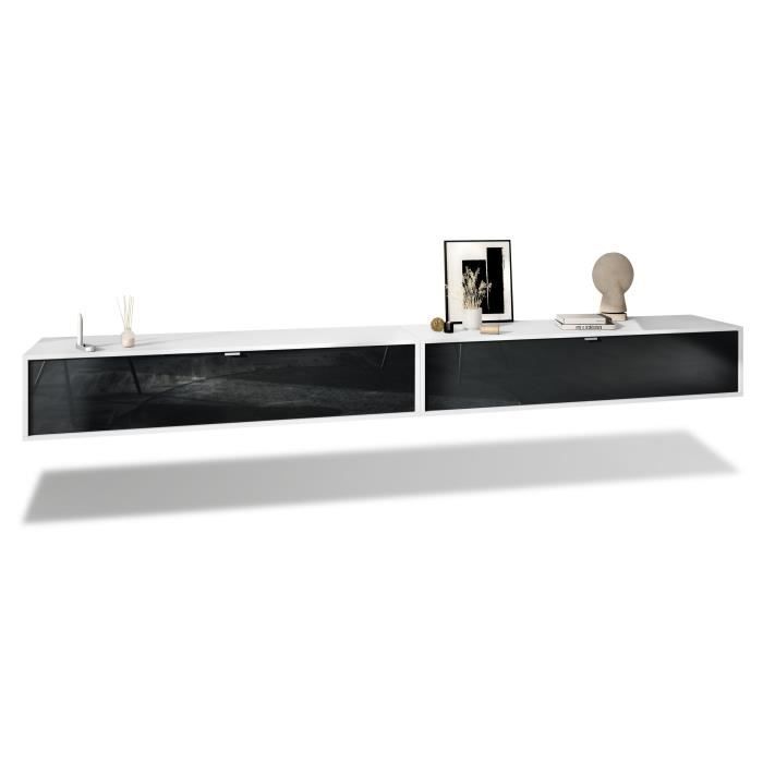 Vladon Ensemble de 2 set meuble TV Lana 140 armoire murale lowboard 140 x 29 x 37 cm en blanc façades en Noir haute brillance