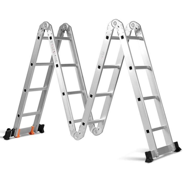 Échelle Pliante Multifonction Extensible 4,7 M en Aluminium, avec 2 Montants, Échelons 4 x 4, 2 Roues Amovibles, Charge Max. 150 KG