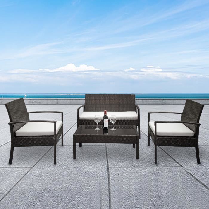 Salon de Jardin Table 1 Canapé 2 Places, 2 Fauteuils en Résine Tressée Rotin pour Jardin, Balcon (Marron)