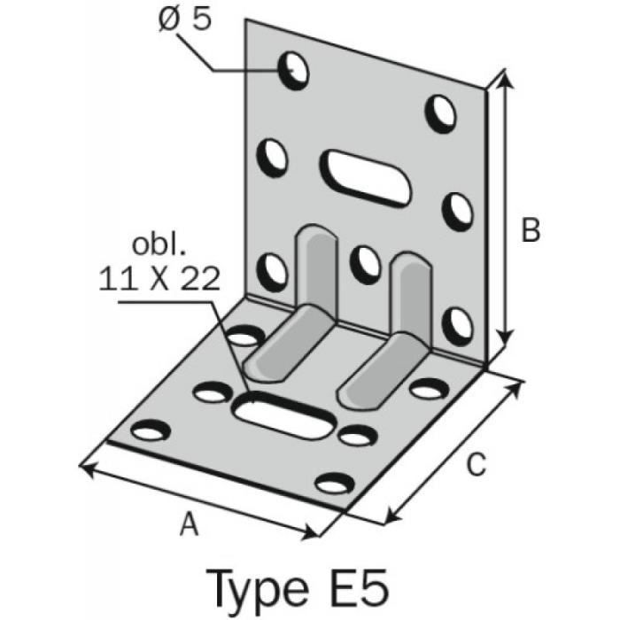 Équerres mixtes renforcées, longueur 65 mm, hauteur 75 mm, largeur 48 mm, épaisseur 1,5 mm, carton de 200 équerres