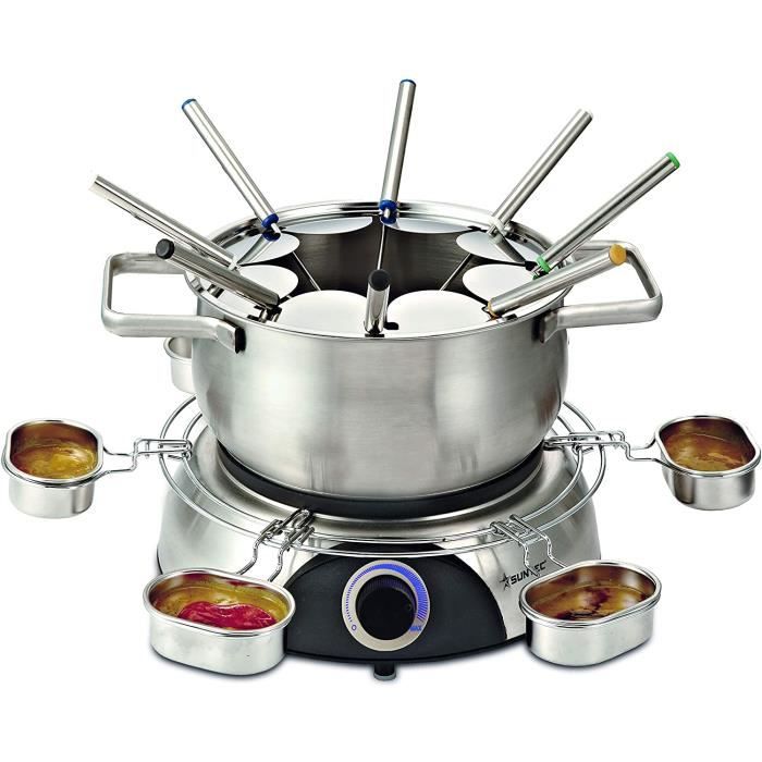 SUNTEC Fondue FON-8014 V2A - Service à Fondue pour 8 personnes - Set Fondue 3 en 1 Fromage/ Viande/ Chocolat - Caquelon avec protect