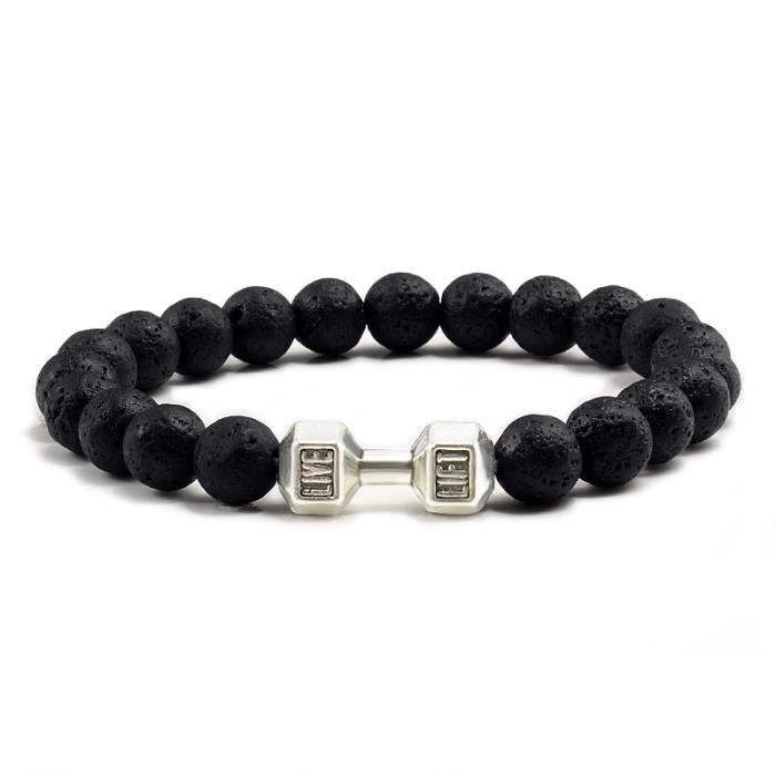 Bracelet Haltère Noir Mat Perles Les Femmes Fitness Argent1031