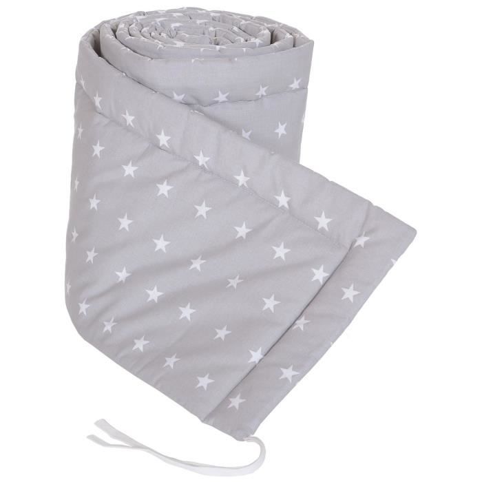 LCP Kids Bordure de lit Protection de tête de nid Literie de bébé Protection de bordures de lit bébé 180x30 cm STARS, Gris & Blanc