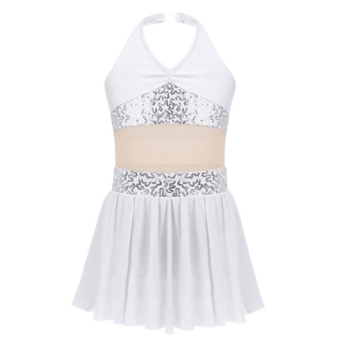 Robe Danse Latine Fille Enfant Justaucorps Paillette Brillant Halter Neck Robe Salsa Rumba 6-14 Ans Blanc
