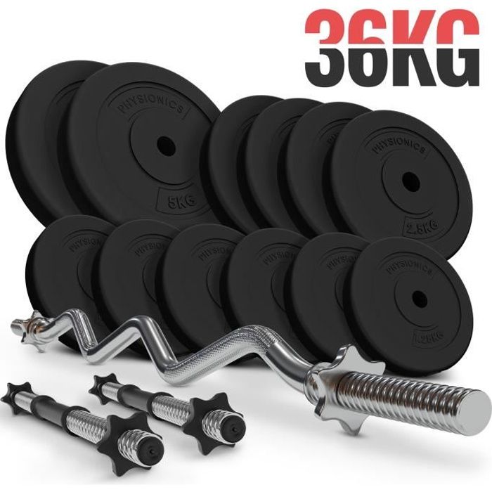 Physionics® Barres avec Disques de Poids (36 kg) - Curl Barre EZ (120 cm / Ø 30 mm), 2 Barres d'Haltères et Disques (Ø 31 mm) - Gym