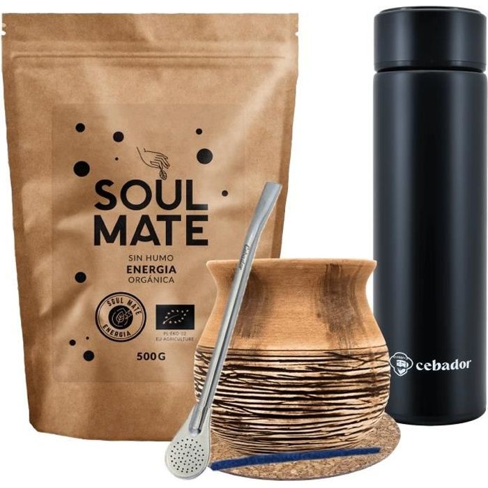 Yerba Mate Bio Kit Soul Mate Guarana 0,5kg+ Calebasse Mate Céramique 375 ml + Thermos à LED