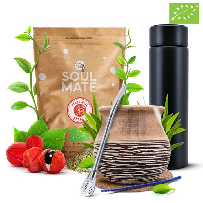 Yerba Mate Bio Kit Soul Mate Guarana 0,5kg+ Calebasse Mate Céramique 375 ml + Thermos à LED