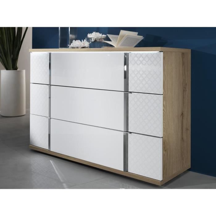 Commode CONSCIENCE - 3 tiroirs - Avec LEDs - Laqué blanc et chêne