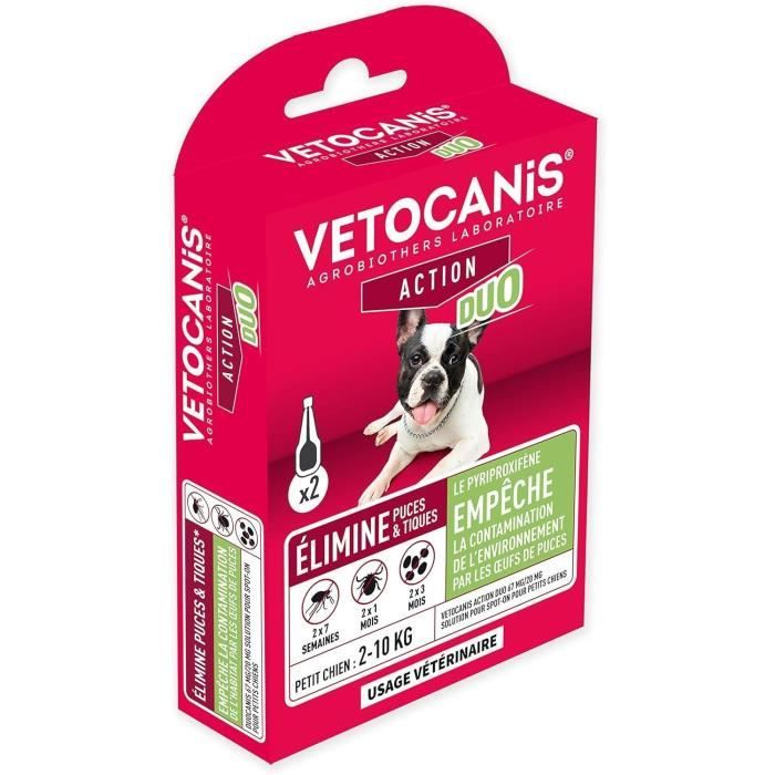 VETOCANIS Anti-puces et anti-tiques Duo Spot on - 2 pipettes - Efficacité 7 semaines - Pour petit chien
