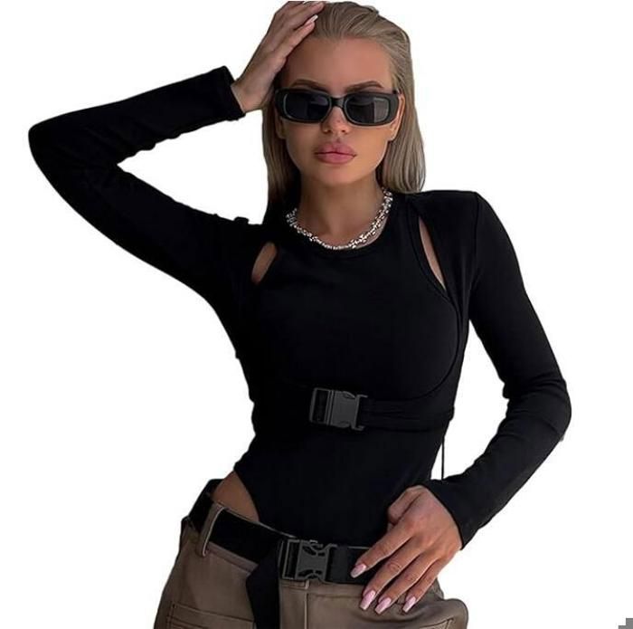 Body Femme Dos Nu Manches Longues - 65% Polyester 35% Coton - Slim Fit - Pour Soirée, Club, Quotidien