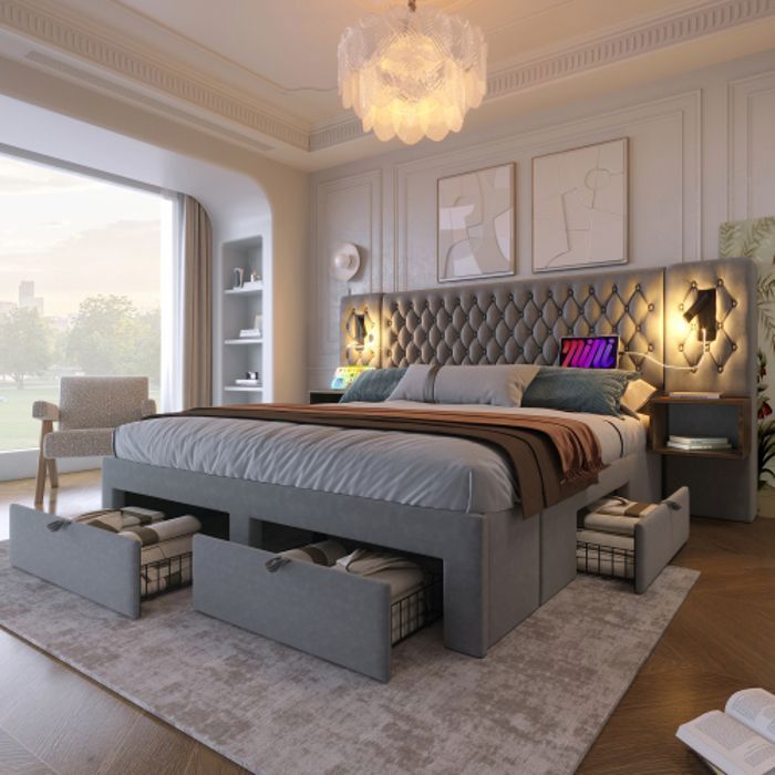 Lit Double 180x200 cm avec 2 Tables de Nuit et 4 Tiroirs Lit Adulte Tête de Lit avec Fonction de Chargement USB Gris Velours