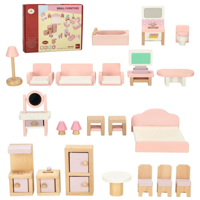 Meubles de maison de poupée salon chambre salle de bain cuisine en bois rose