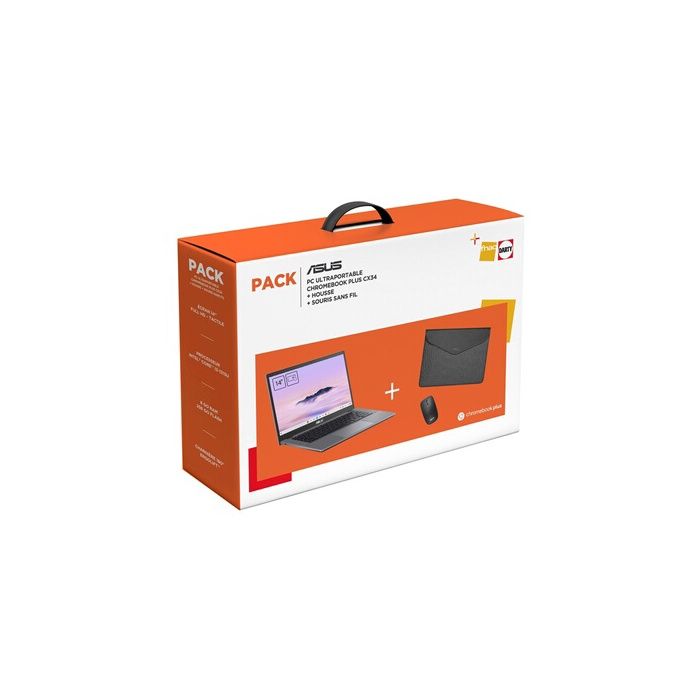 PC portable Asus Pack Chromebook Plus CX3402CVA-MW0999 14 Intel® Core™ i3 8 Go RAM 256 Go SSD Tactile Gris + Pochette + Souris