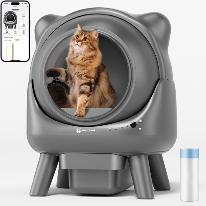 Litière Chat Autonettoyante 80L-2026 AMICURA X1 PLUS-Sécurité 10XContrôle des Odeurs 15 JoursJusquà 10KGavec APP-Gris