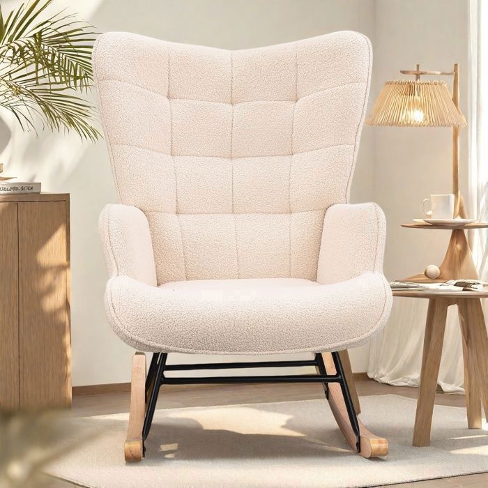 Fauteuil à Bascule - Rocking Chair - Tissu Beige - Pieds en Bois Massif - Style Scandinave - 75x68x92 cm - Dossier Haut et Assise