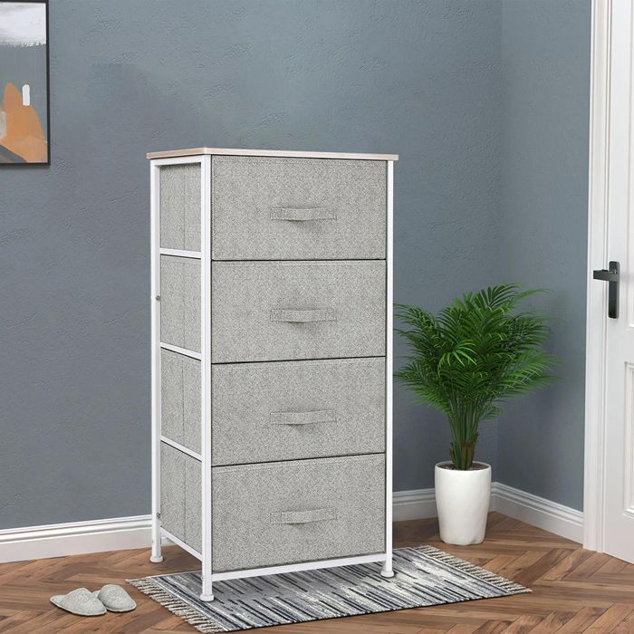 Commode Meuble rangement 4 tiroirs 45x30x92 cm en tissu avec cadre métallique Commode Meuble rangement 4 tiroirs 45x30x92 cm en tissu avec cadre métallique