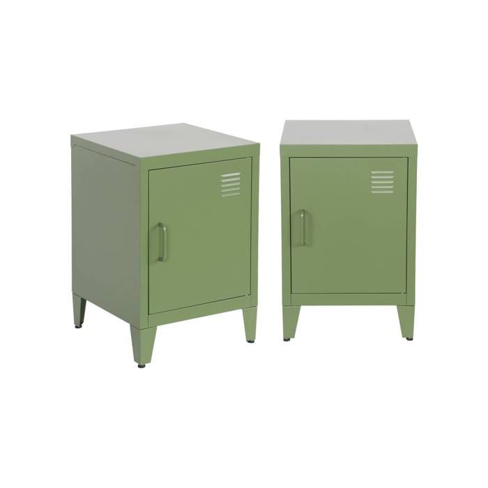 Lot de 2 tables de chevet en acier 1 porte. kaki. casier. L 38 x P 38 x H 55.7 cm Lot de 2 tables de chevet en acier 1 porte. kaki. casier. L 38 x P 38 x H 55.7 cm