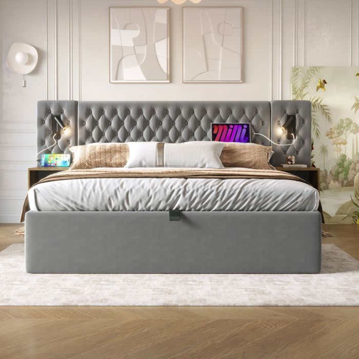 Lit Double 180x200 cm avec coffre hydraulique 2 tables de chevet tête de lit velours gris USB - Sans Matelas