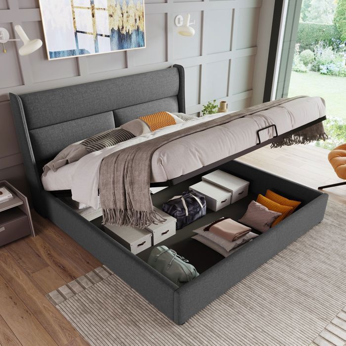 Lit coffre hydraulique 160 x 200 cm lit double rembourré avec tête de lit réglable et sommier à lattes matelas non inclus - Gris