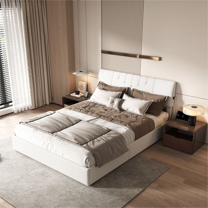 140x190 cm Lit de rangement en velours blanc avec sommier à lattes tête de lit réglable fonctions de rangement USB et hydraulique
