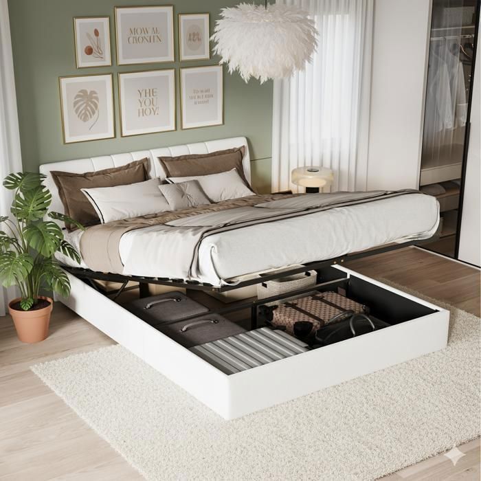 Lit 140x190 cm - lit coffre avec LED et USB - Lit double 140x190 - sommier à lattes - moderne - Blanc Lit 140x190 cm - lit coffre avec LED et USB - Lit double 140x190 - sommier à lattes - moderne - Blanc