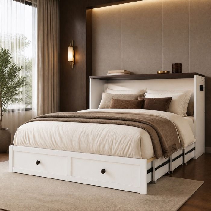 Maisentiel Lit escamotable 140 x 200 cm blanc avec 2 tiroirs étagère prises et USB
