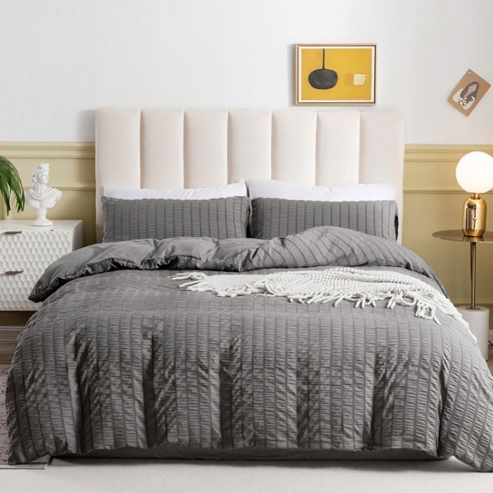 Housse de Couette 220x240 cm Seersucker Rayures Gris Gaufré Rayé Structuré Adulte Ado Doux Confortable Elegant mu PARURE DE COUETTE
