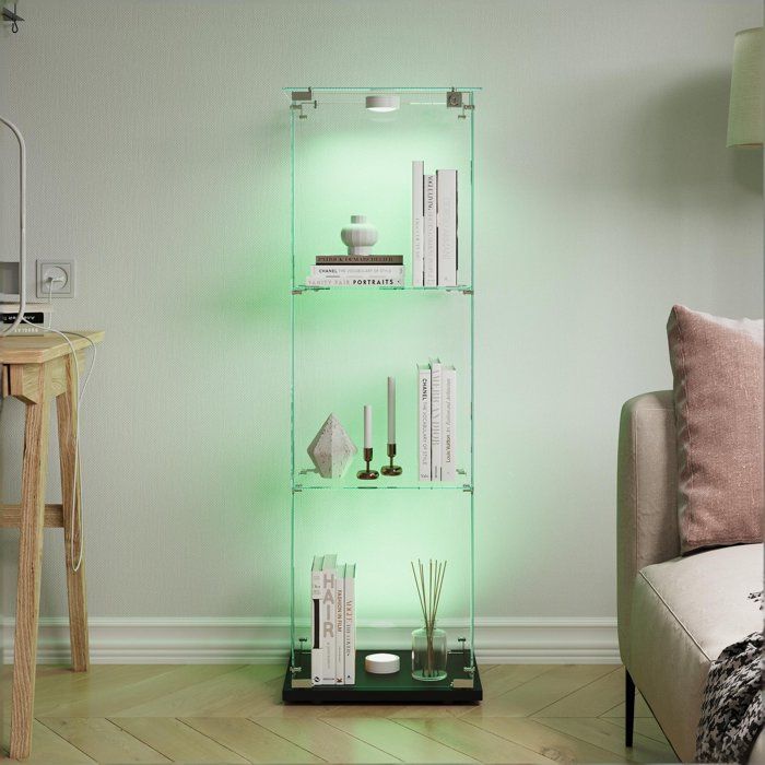 Vitrine en Verre Vitrine Armoire pour Collection avec Porte et Serrure Lampe LED tactile-1 porte-3 étages-40×35×123 cm-Salon-Noir