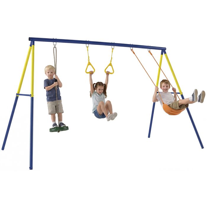 Portique Balancoire Enfants - AIYAPLAY - 3 en 1 - 2 Balançoires 2 Anneaux Gymnastique - Acier - 285x160x181cm - Multicolore