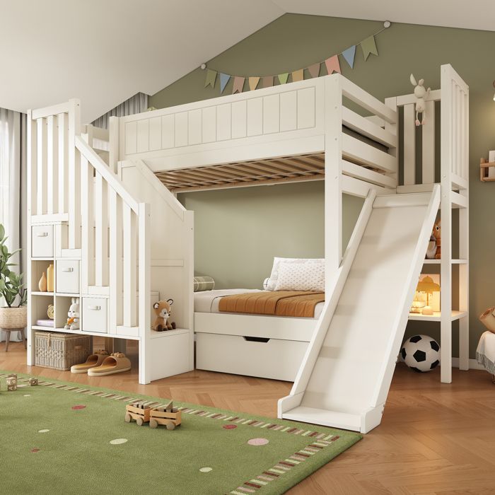 Lit superposé pour enfants 90×200 cm, lit mezzanine avec toboggan ...
