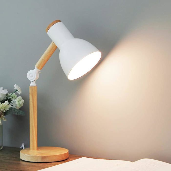 Lampe de table E27 Lampe de lecture LED au design classique en bois lampe détude lampe de table réglable lampe de bureau- blanc