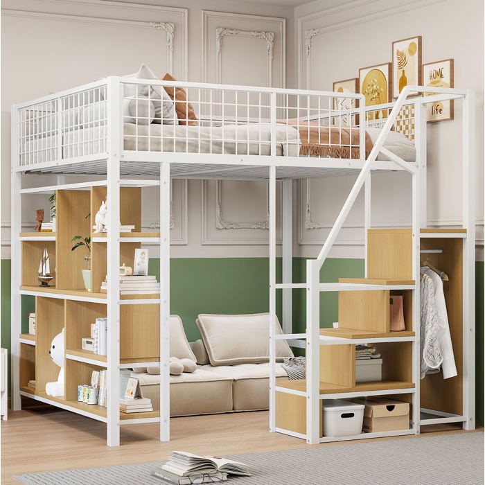 Lit mezzanine multifonction blanc avec escalier de rangement et espace bureau