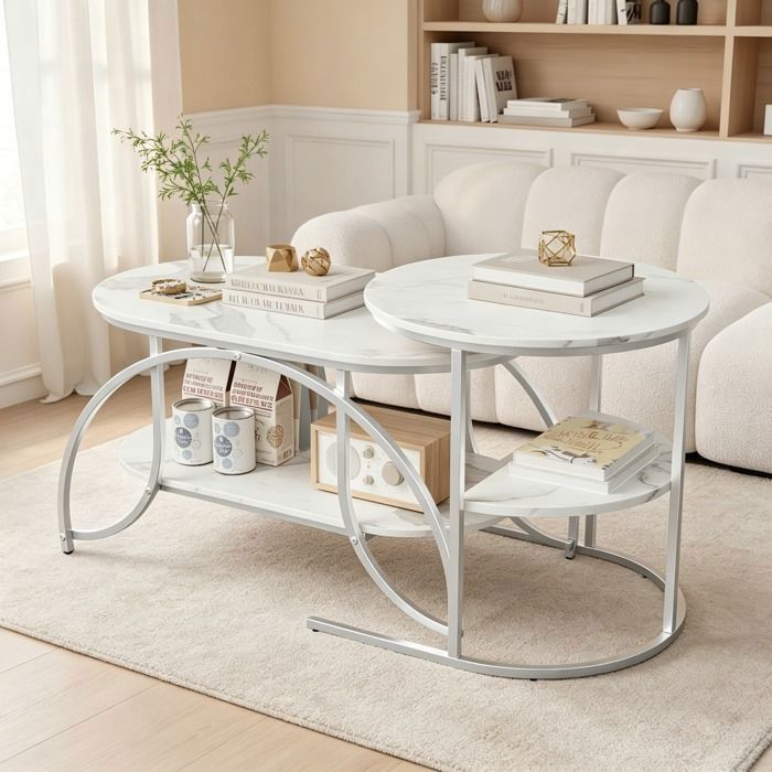 Tables basses - Lot de 2 design imitation marbre avec espace de rangement cadre métal gigognes salon et chambre 80/52 cm -Blanc
