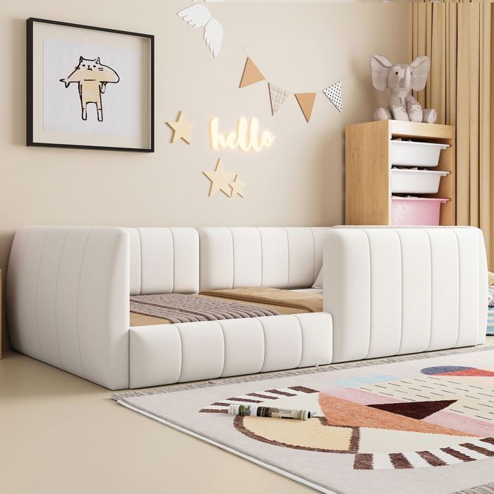 Lit 1 place - 90 x 200 - Lit plateforme rembourré - Barrière de sécurité - Beige