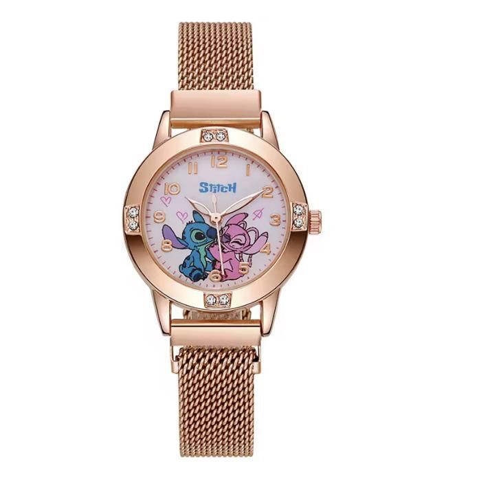Montre Stitch Femme Fille Rose Gold – Montre Bracelet Maille Magnétique Étanche 30M – Montre Analogique Élégante Enfant Adulte
