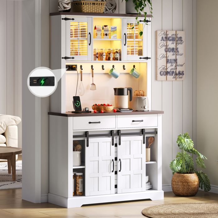 Buffet de cuisine blanc 180x108x40 cm avec prise LED plan de travail 6 tiroirs étagères réglables et crochets