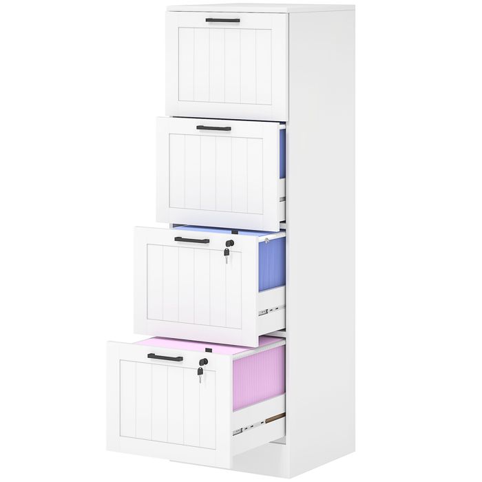 LIA Caisson bureau meuble rangement bois 4 tiroirs et serrure barres de suspension réglables 40 x 40 x 131 cm blanc