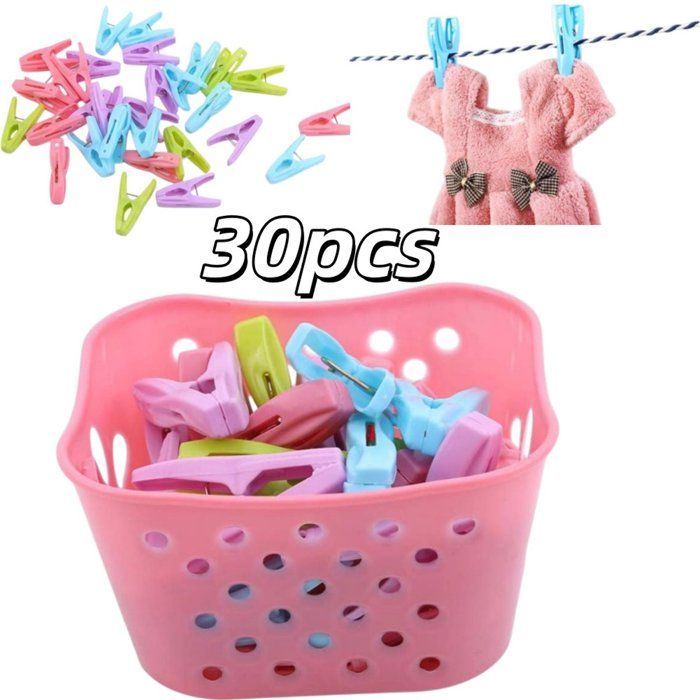 Pinces À Linge Plastique Antidérapantes Avec Panier De Rangement 30 Pinces 6 cm Séchage Sous-vêtements Chaussettes Rose 13x11x7