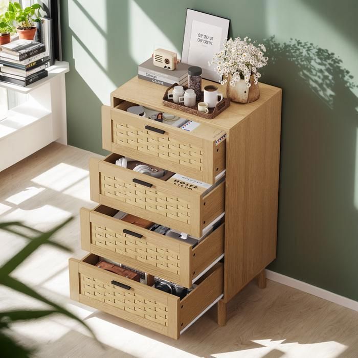 Commode 4 tiroirs PVC Rotin Simulé Armoire de Rangement Système Anti-Bascule Buffet pour Salon Entrée et Chambre Chêne