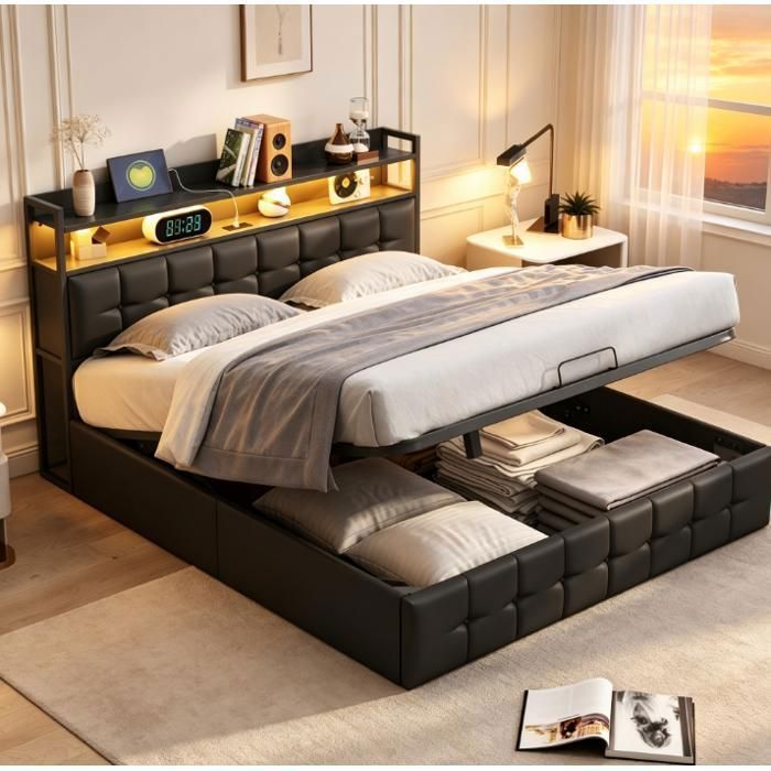 Lit 140x190 avec rangement hydraulique lit 2 places avec sommier lit LED avec USB et USB-C lit adulte rembourré cuir noir