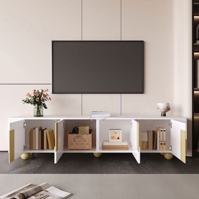 Meuble TV 180 cm Blanc Effet Marbre et Bois Banc TV Moderne 4 Portes avec Pieds Bois Massif – Norevia