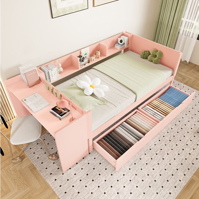 Lit Combiné 1 Place 90 x 200 cm Avec Bureau Intégré 2 Tiroirs 3 Étagères Garde Corps En Pin Et Panneaux De Particules Rose